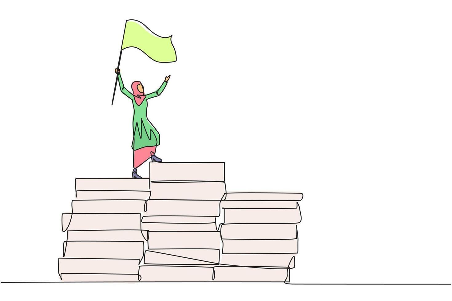 Single continuous line drawing of Arabian businesswoman standing on piles of paper document raising flag. Create business plan with lots of data. Winner even though there is a lot of work. One line vector