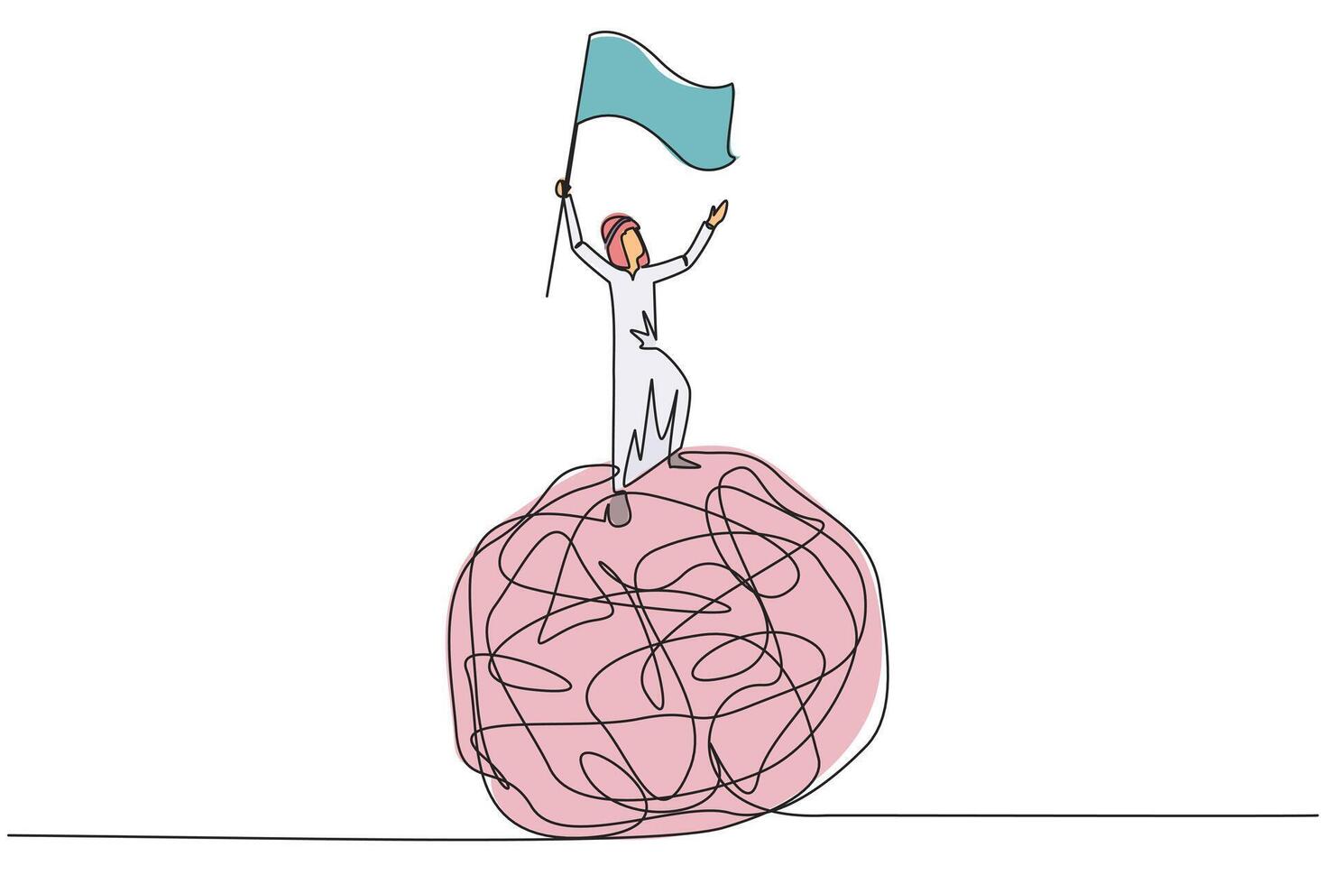 Single continuous line drawing of young Arabian businessman standing on giant tangled circle. Raising flag on his hand. Businessman who manage to get out of anxiety of mind. One line design vector