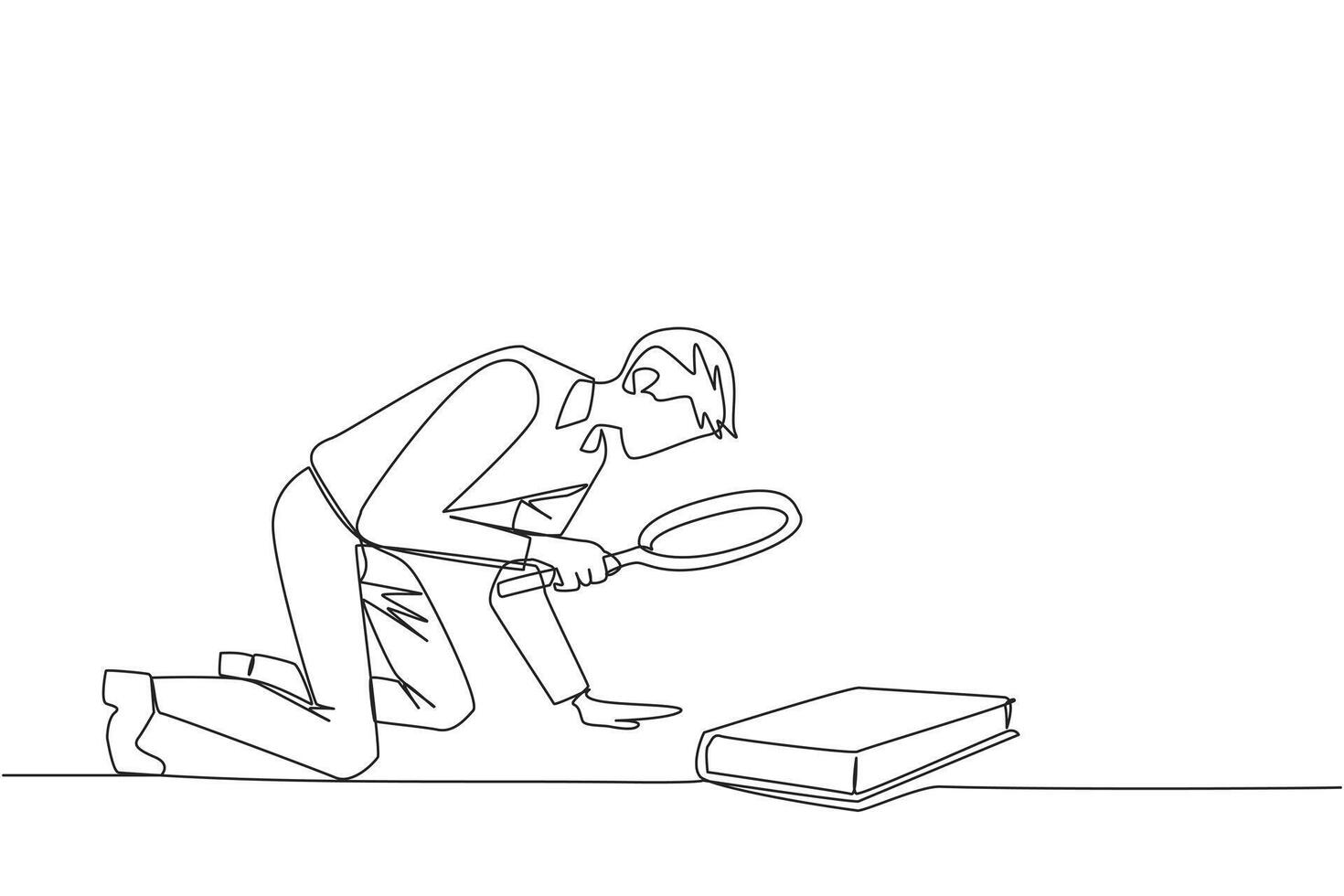 Continuous one line drawing businessman holding magnifying glass looking at book. Looking for knowledge about franchising from a scientific study book. Single line draw design illustration vector