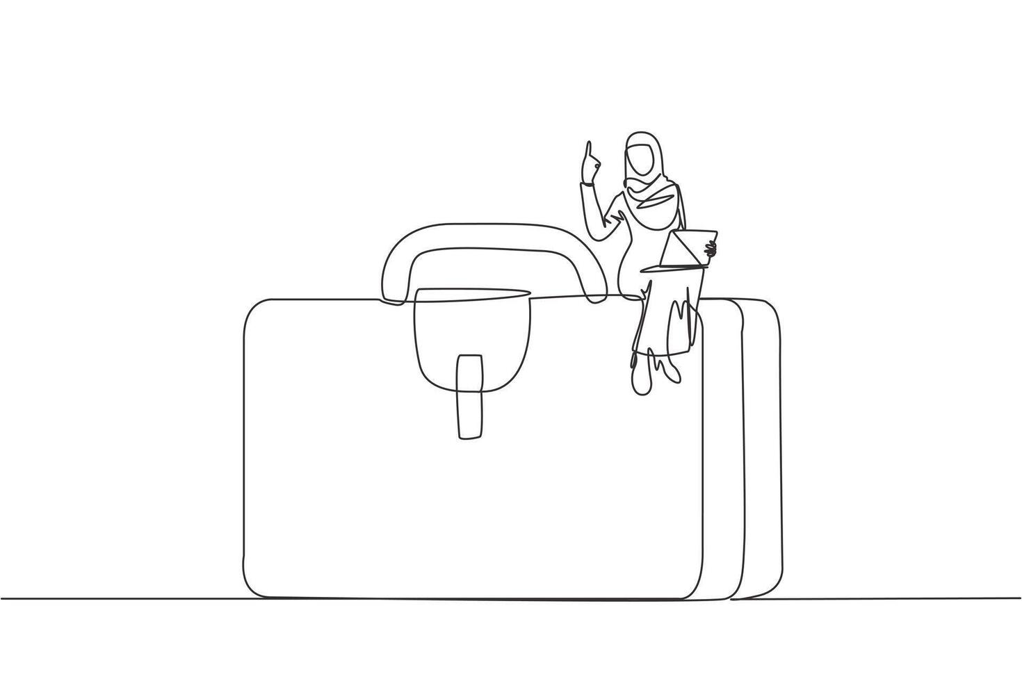 Continuous one line drawing Arabian businesswoman sitting on giant briefcase raising one hand on the other hand holding laptop computer. Make a business trip to achieve the target. Single line draw vector