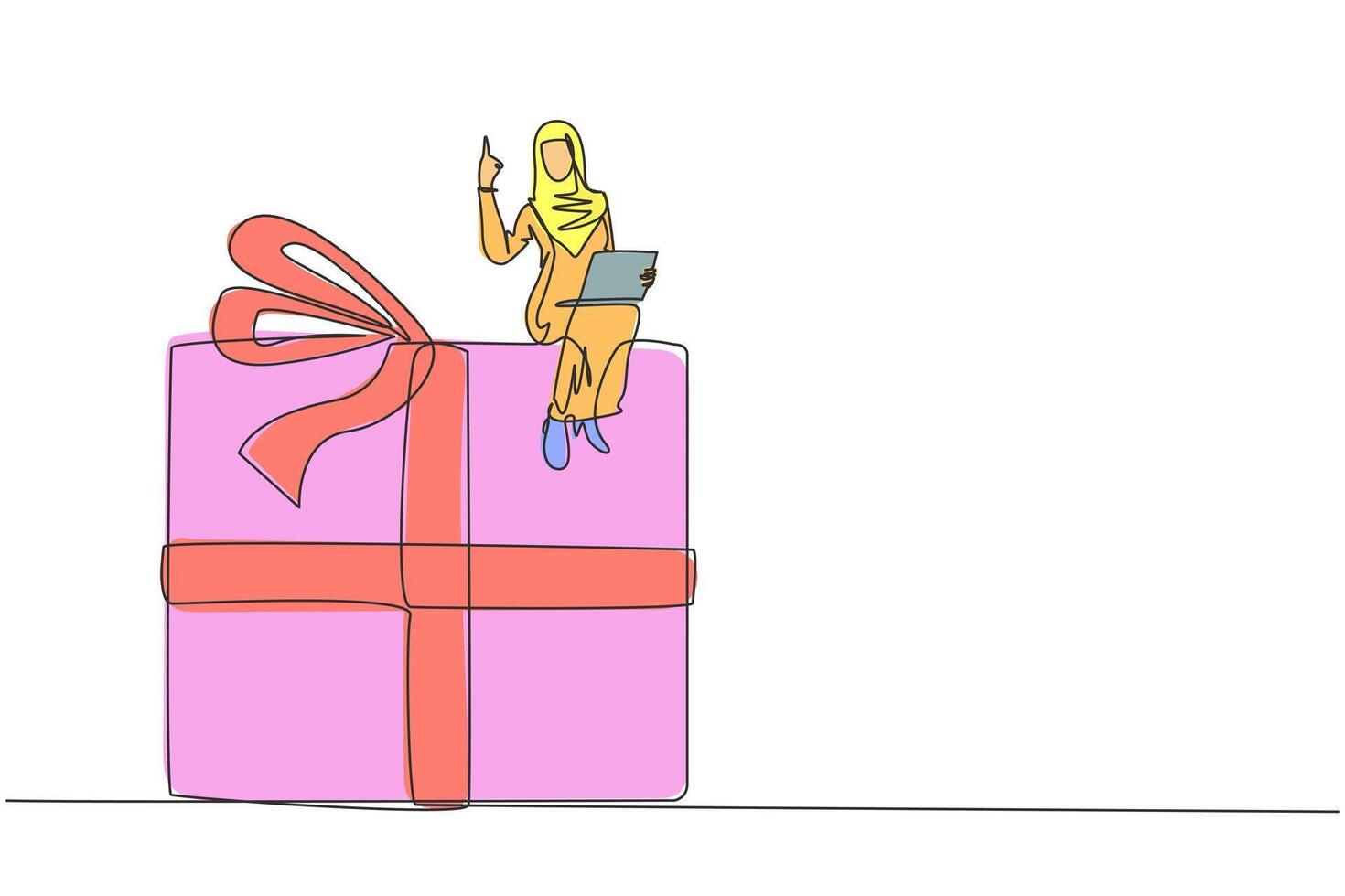 Continuous one line drawing of young Arabian businesswoman sitting on a giant gift box holding laptop computer. Reminding there is still a prize to be won. Business reward. Single line illustration vector