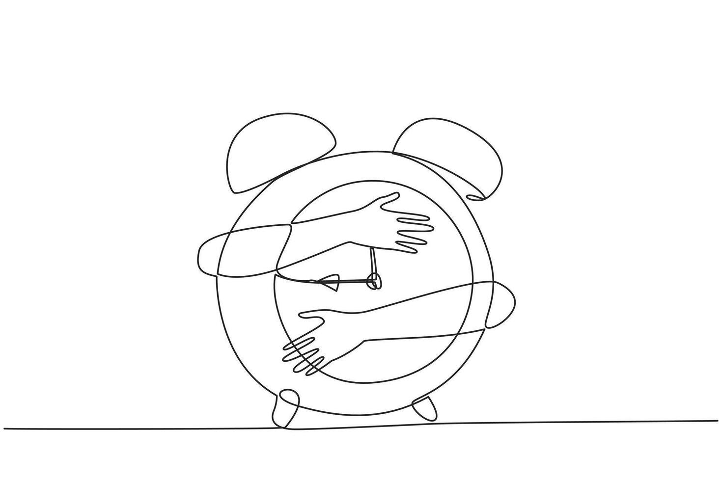 Single one line drawing of hands hugging alarm clock. Business decisions taken will determine every hour. Wrong in taking steps then business failure will be accepted. Continuous line design graphic vector