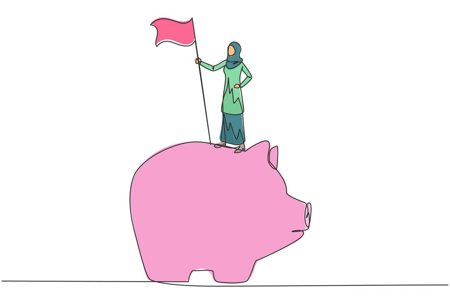 Continuous one line drawing of Arabian businesswoman standing on big piggy bank holding flag. Making investments during the corona pandemic to keep business survive. Single line draw design vector
