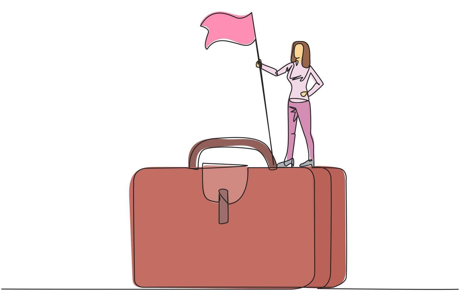 Continuous one line drawing of businesswoman standing on giant briefcase holding flag. Going on a business trip to find newer ideas in startup business. Single line draw design illustration vector