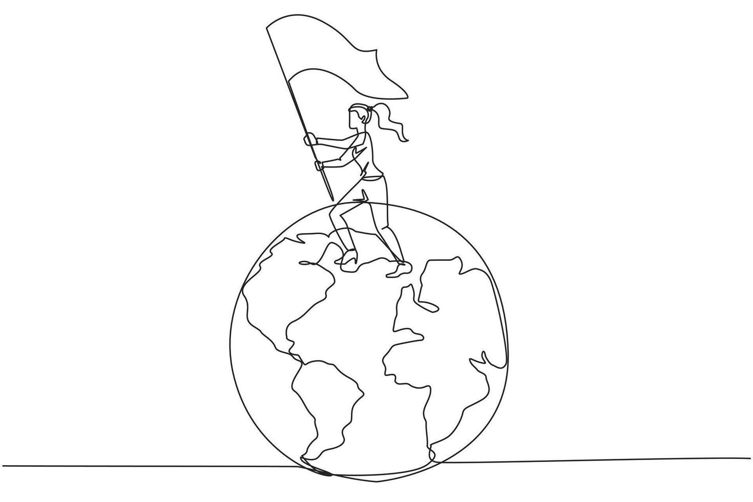 Single one line drawing of successful businesswoman standing on giant globe raising flag. Businesswoman celebrating victory. Metaphor of conquering the world. Continuous line graphic illustration vector