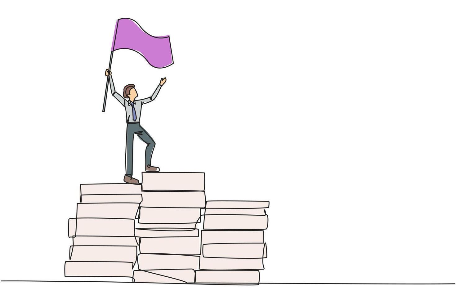 Continuous one line drawing of young businessman standing on piles of paper document raising flag. Create business plan with lots of data. Winner even though there is a lot of work. Single line draw vector