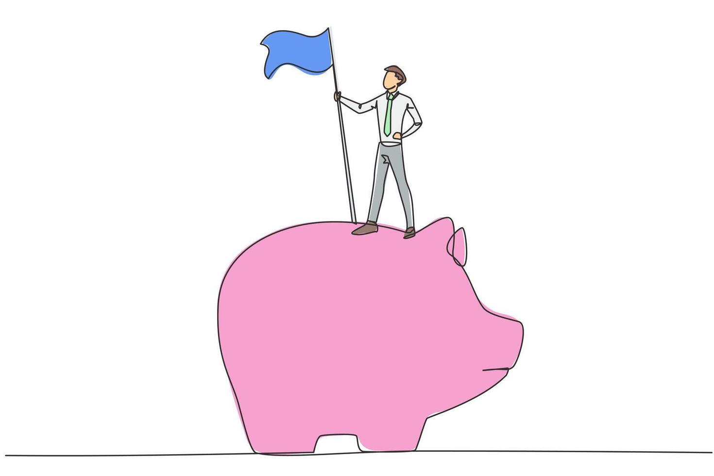 Continuous one line drawing of successful businessman standing on giant piggy bank holding flag. Making investments during the corona pandemic to keep the business survive. Single line draw design vector