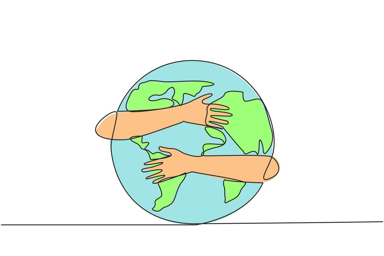 Single continuous line drawing of hands hugging globe. Keeping the earth green so that it remains suitable for human life. Concept of World Environment Day. One line design illustration vector