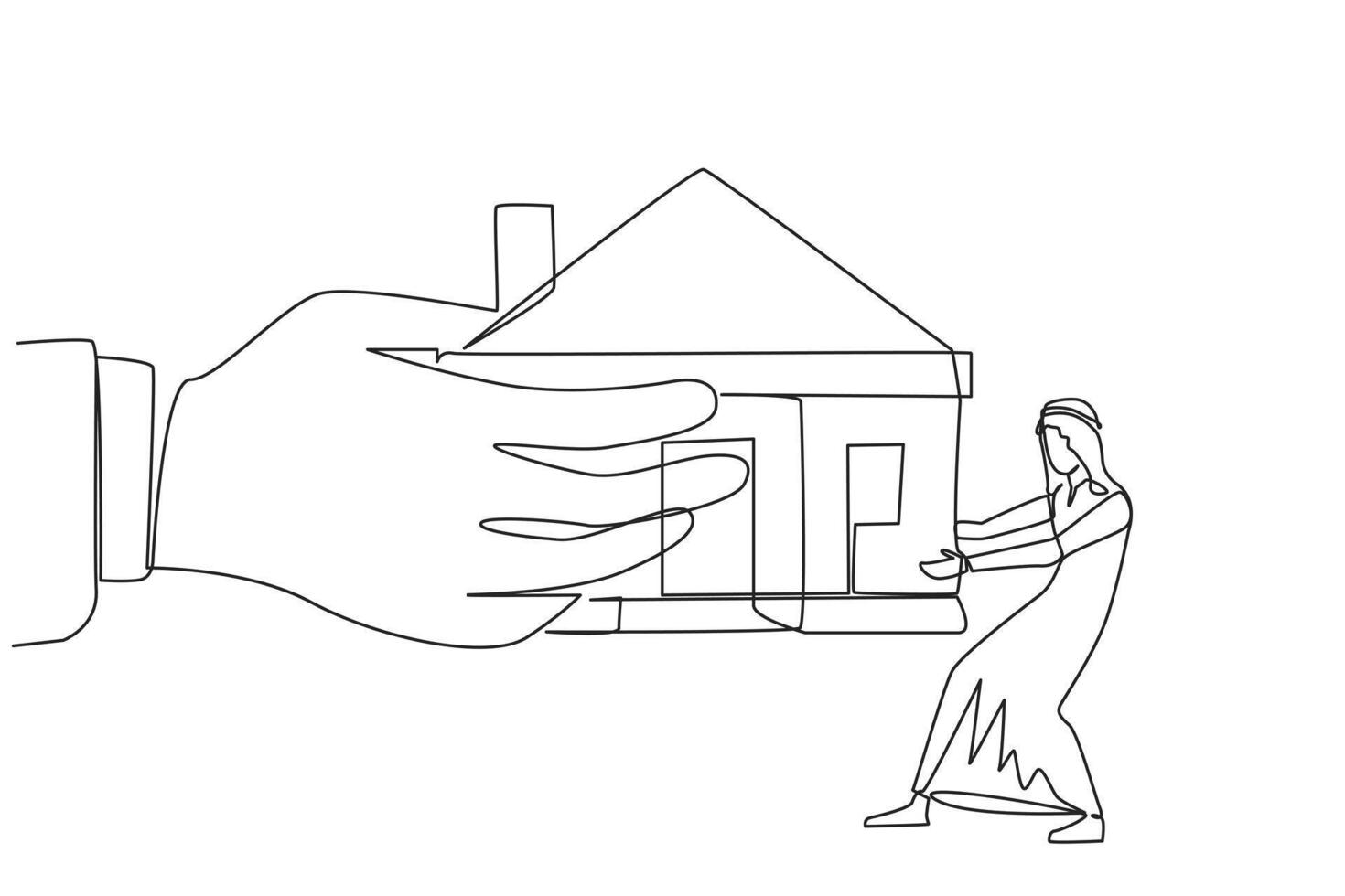 Single continuous line drawing Arab businessman pulling miniature house which is also pulled by big hand. Failed to pay the mortgage so that it can be withdrawn by bank. One line illustration vector