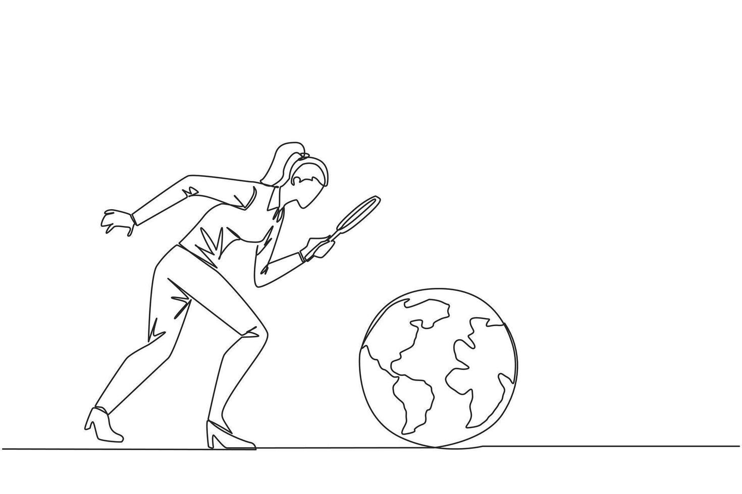 Single continuous line drawing of businesswoman holding magnifying glass looking at globe. Analyze and map the territory to open the new business. Growing business. One line design illustration vector