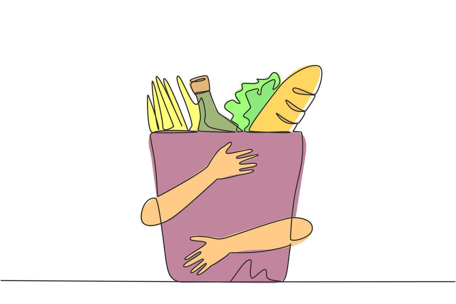 Single one line drawing of hands hugging grocery paper bag. Paper-based bags that are commonly used when shopping for daily needs. Eco-friendly material. Continuous line design graphic illustration vector