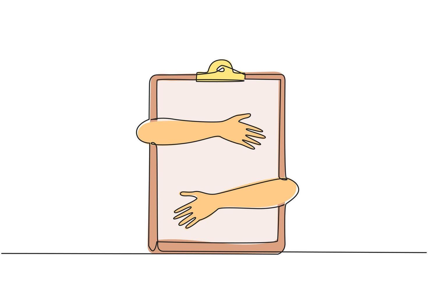 Single one line drawing of hands hugging clipboard. Effective daily planning and time management to reach a lot of opportunity to success in business. Continuous line design graphic illustration vector