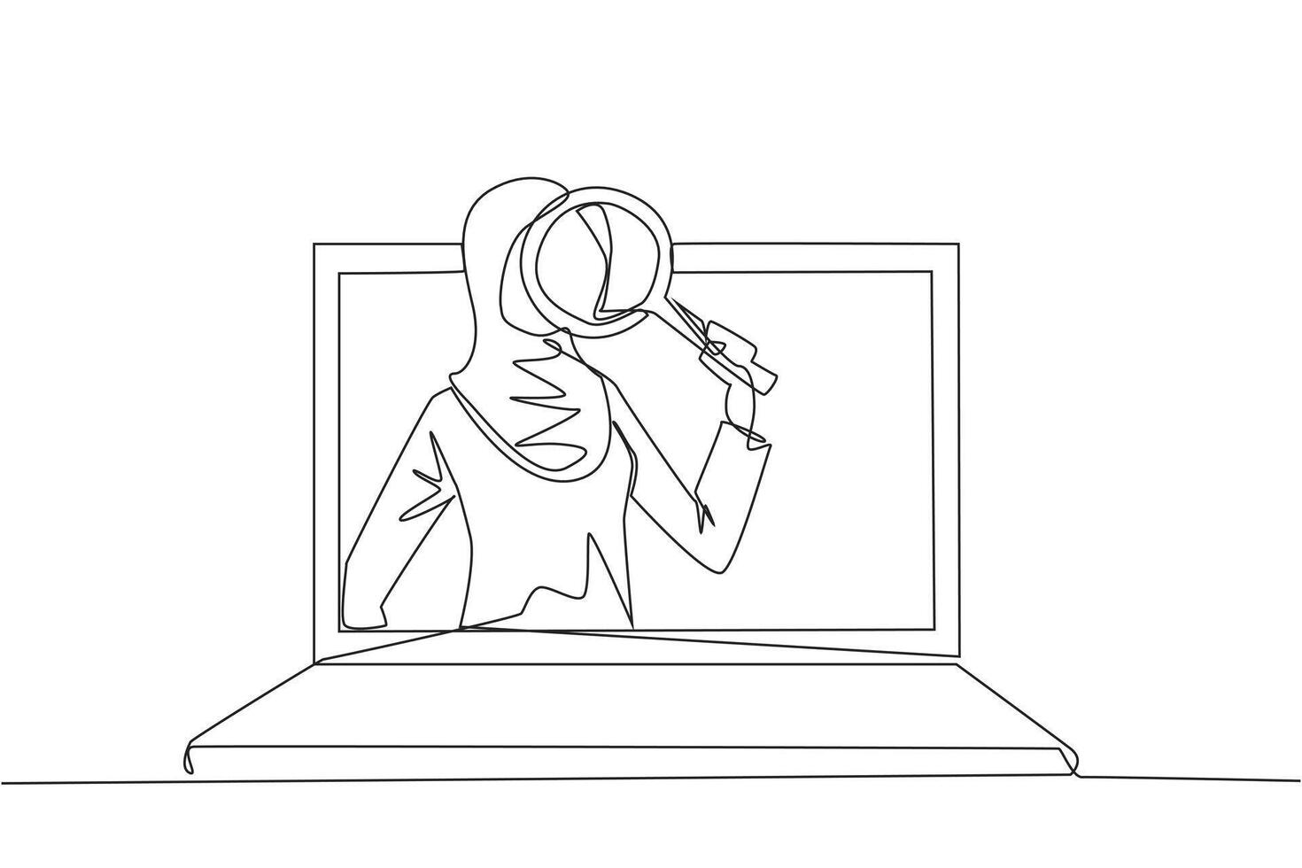 Continuous one line drawing Arabian businesswoman came out of laptop screen holding the magnifier. Finding online networking to sustain her business. Relationship. Single line draw illustration vector