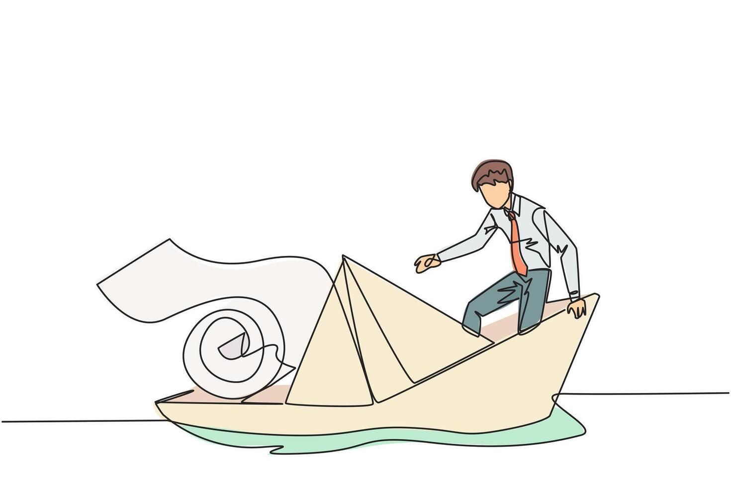 Single continuous line drawing of businessman boarded a paper boat loaded with rolls of paper bills and almost drowned. Spending more than income. Large pegs than poles. One line illustration vector