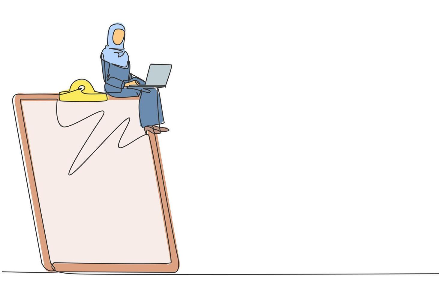 Single one line drawing of Arabian businesswoman sitting on giant clipboard while working on a laptop computer. Create a daily work plan. Concept of time management. Planning. Continuous line design vector