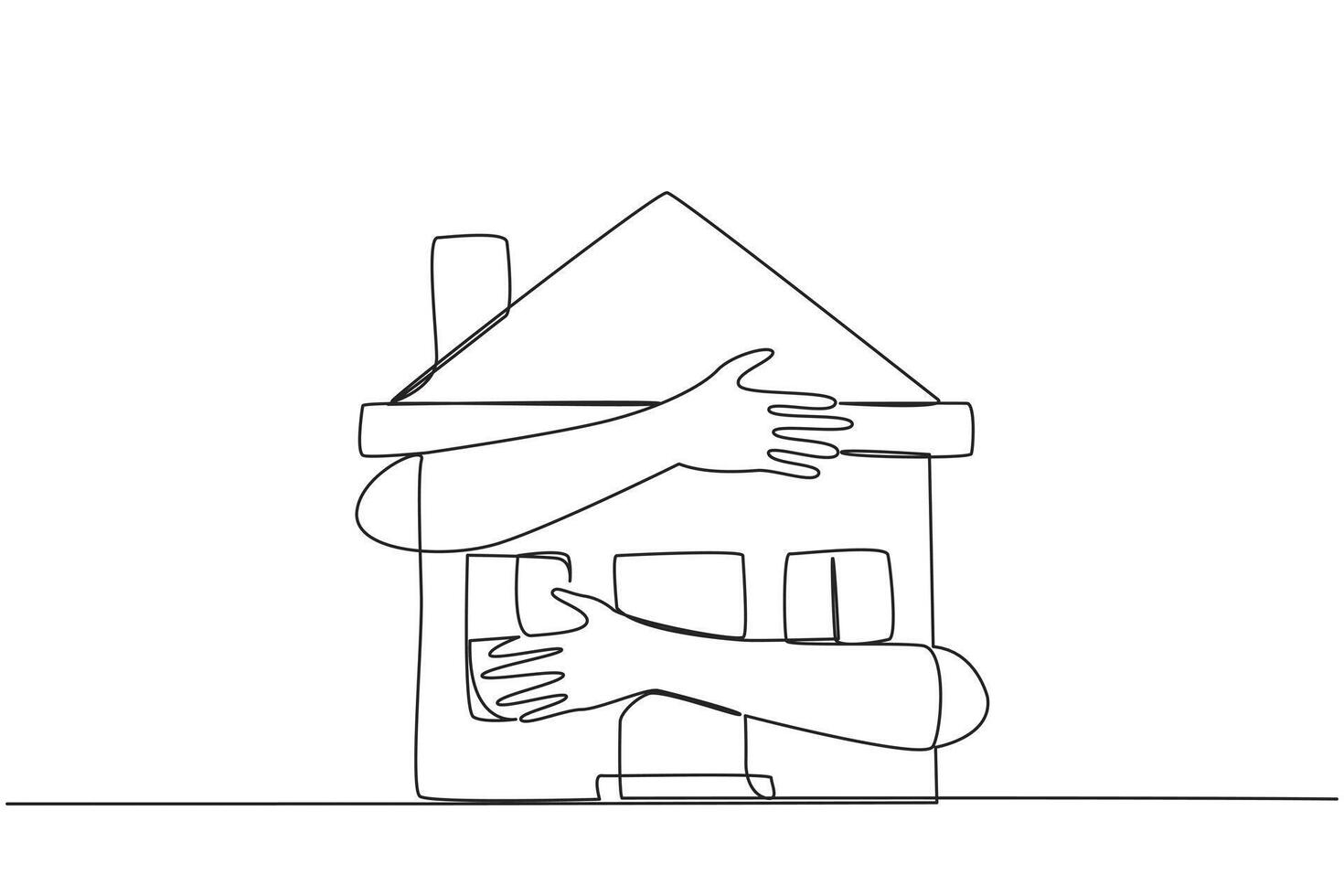 Continuous one line drawing of hands hugging miniature house. Concept of making house as collateral if the business fails. Keep paying mortgage so that house not foreclosed. Single line draw vector