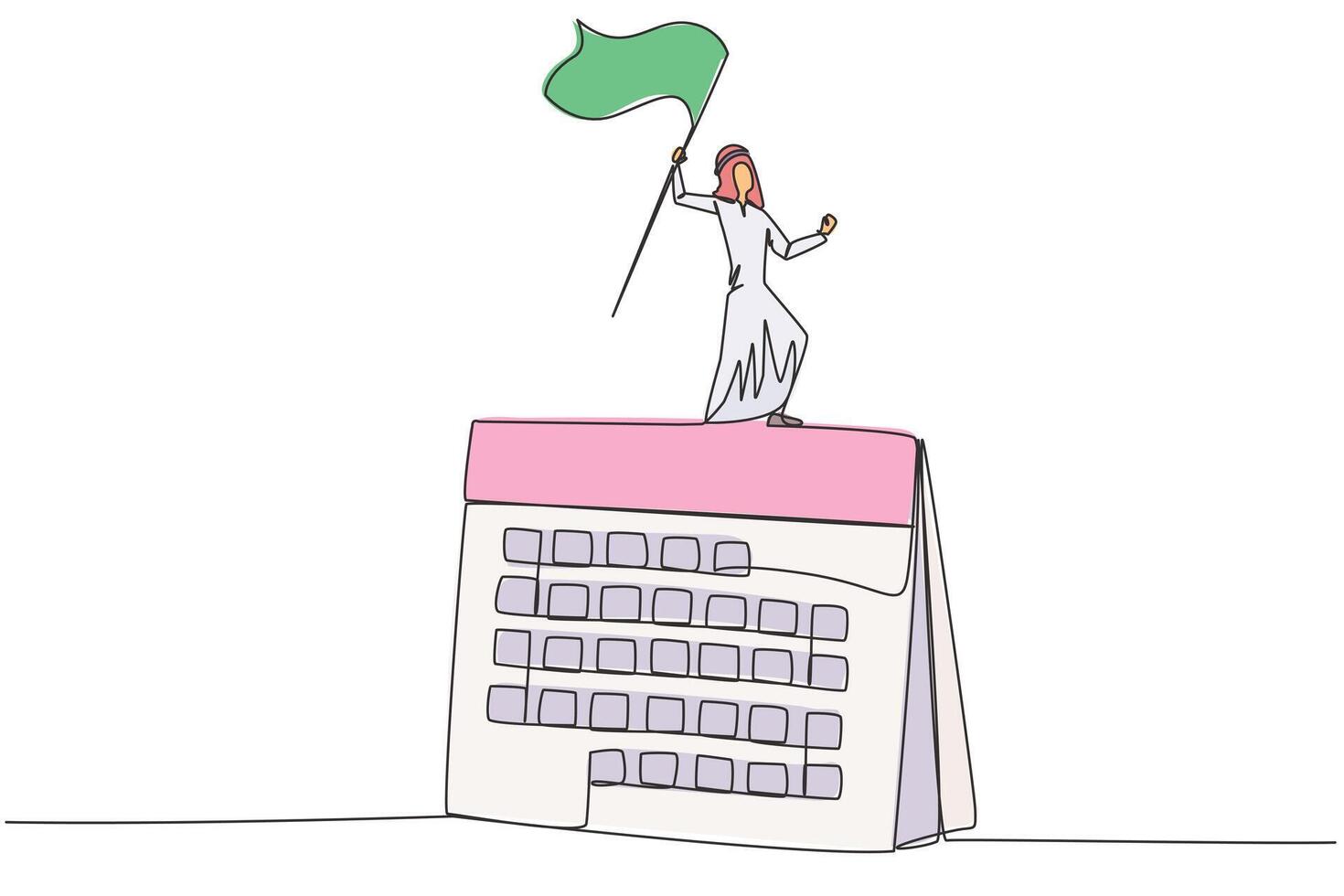 Single one line drawing of Arabian businessman standing on big desk calendar raising flag. Starting small steps in a planned business pattern is key to success in achieving profits. Continuous line vector