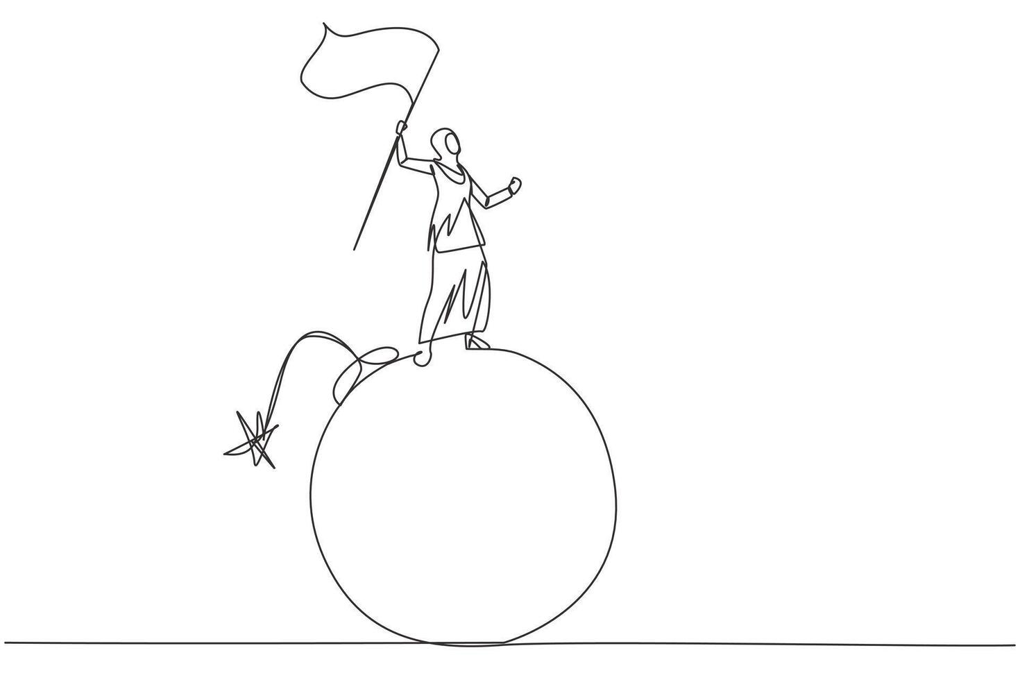 Single one line drawing of young Arabian businesswoman standing on large bomb with a burning fuse raising flag. Business danger near deadline. Time crisis management. Continuous line design graphic vector