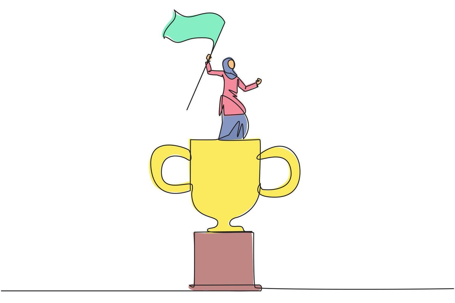 Continuous one line drawing of young Arabian businesswoman standing on giant trophy. Raising flag as victory for business achievement. Determination for career success concept. Single line draw vector