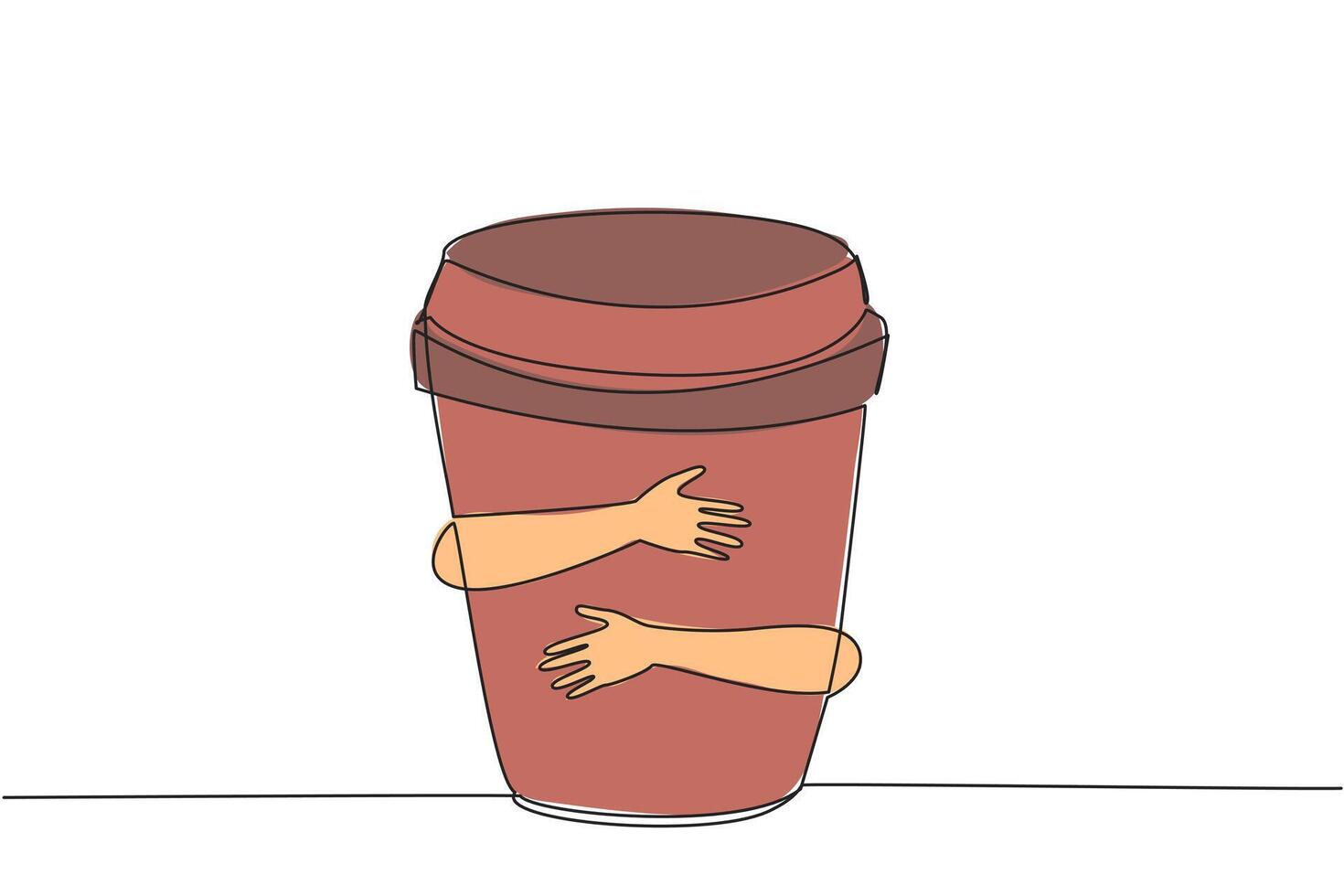 Single one line drawing of hands hugging paper cup coffee. A cup of coffee to accompany work. Coffee can help concentration, reduce the risk of depression. Continuous line design graphic illustration vector