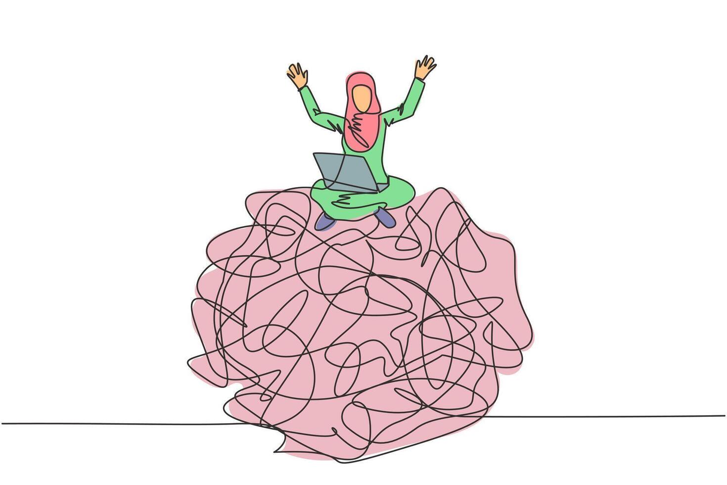 Continuous one line drawing Arabian businesswoman sitting on a giant tangled circle putting laptop on her thighs. Raising both hands as surrender sign. Business flop. Single line draw illustration vector