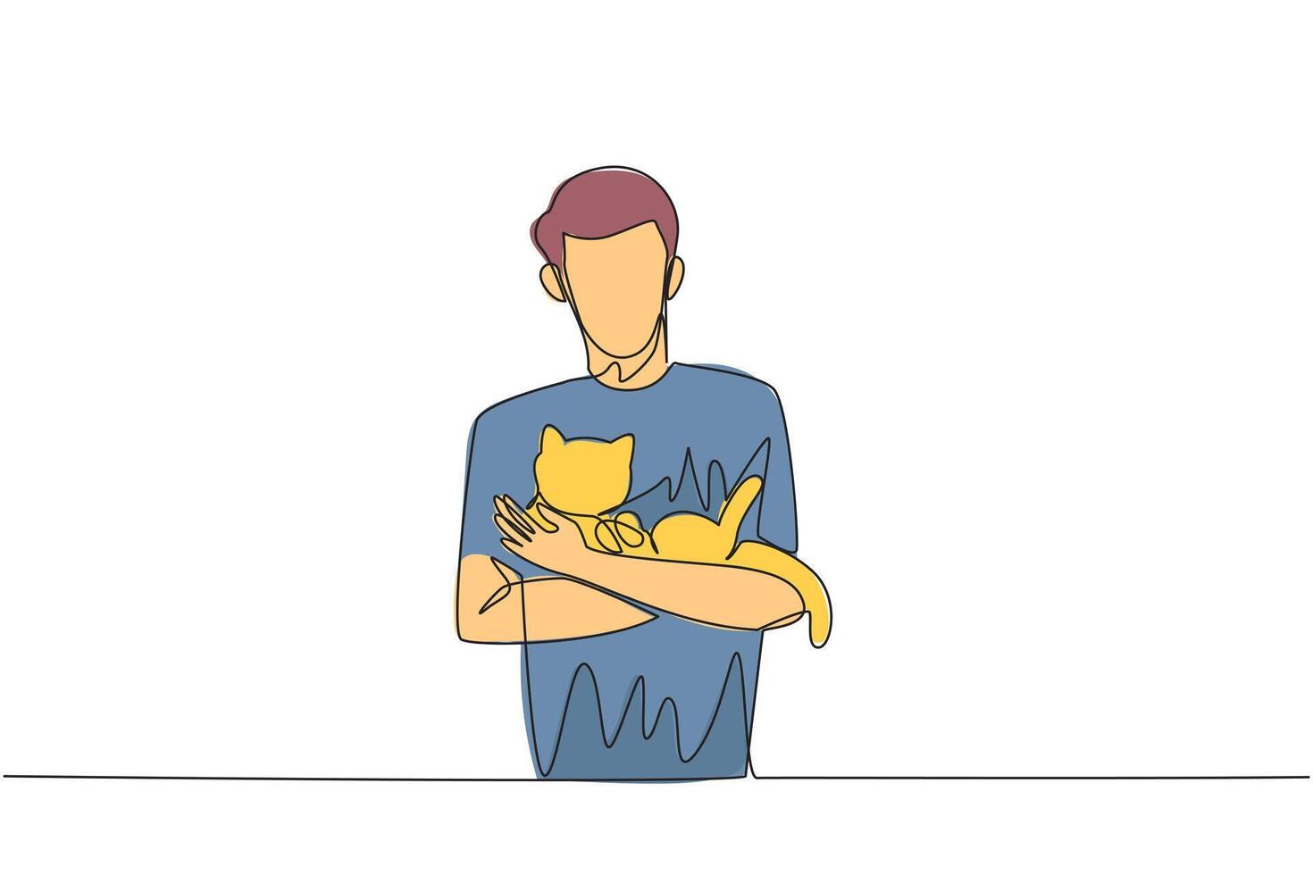 Single one line drawing of young happy man holding and cuddling his beloved cat. Owner pet loves his cat. Owner of feline animal petting it with love. Continuous line design graphic illustration vector