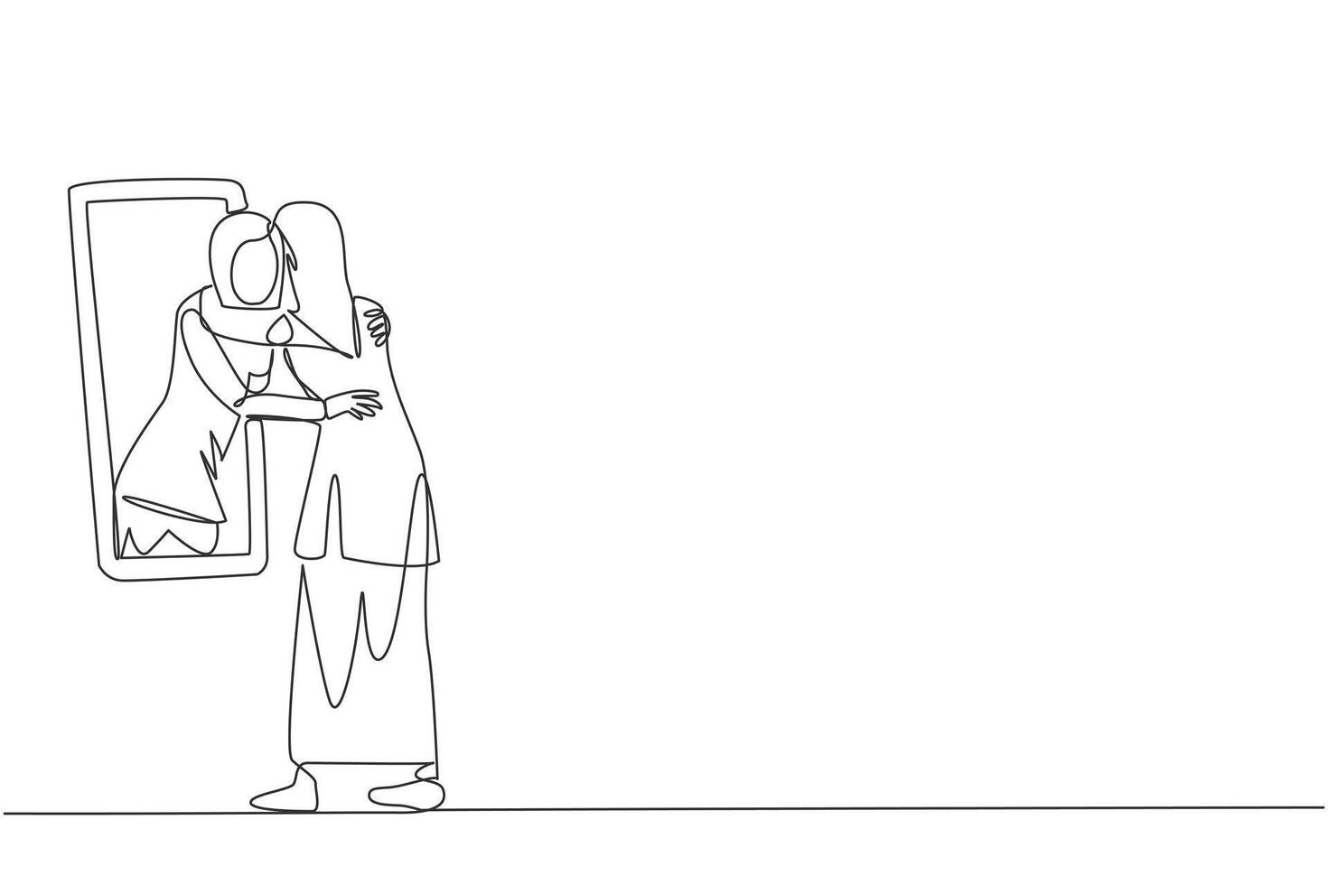 Single continuous line drawing of young Arabian woman stand in front of mirror. Her reflection get out of mirror and hug each other. Accepting one body and soul. One line design illustration vector