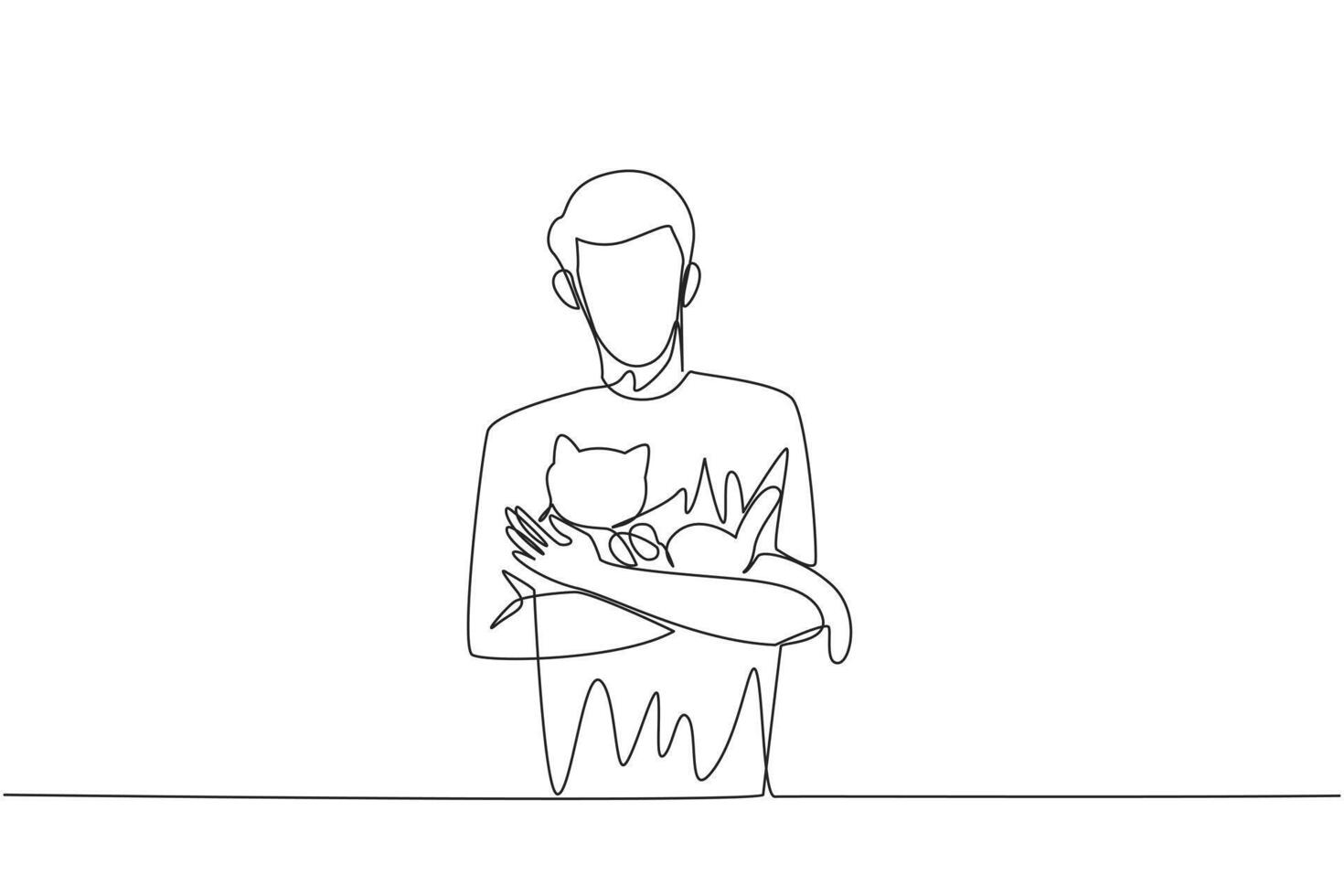 Single one line drawing of young happy man holding and cuddling his beloved cat. Owner pet loves his cat. Owner of feline animal petting it with love. Continuous line design graphic illustration vector