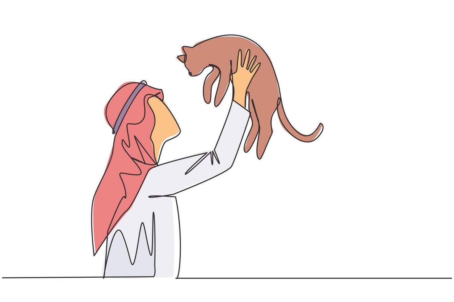 Single continuous line drawing of young Arabian man holding his little cat. Male pet owner plays with a funny fluffy cat. Arab man holding cute kitty. Concept of caring animals. One line design vector