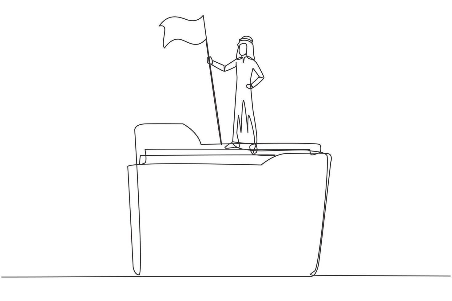 Continuous one line drawing of Arabian businessman standing on big folder icon holding flag. Arranged business plan, keep records, practice. Be a champion. Single line draw design illustration vector