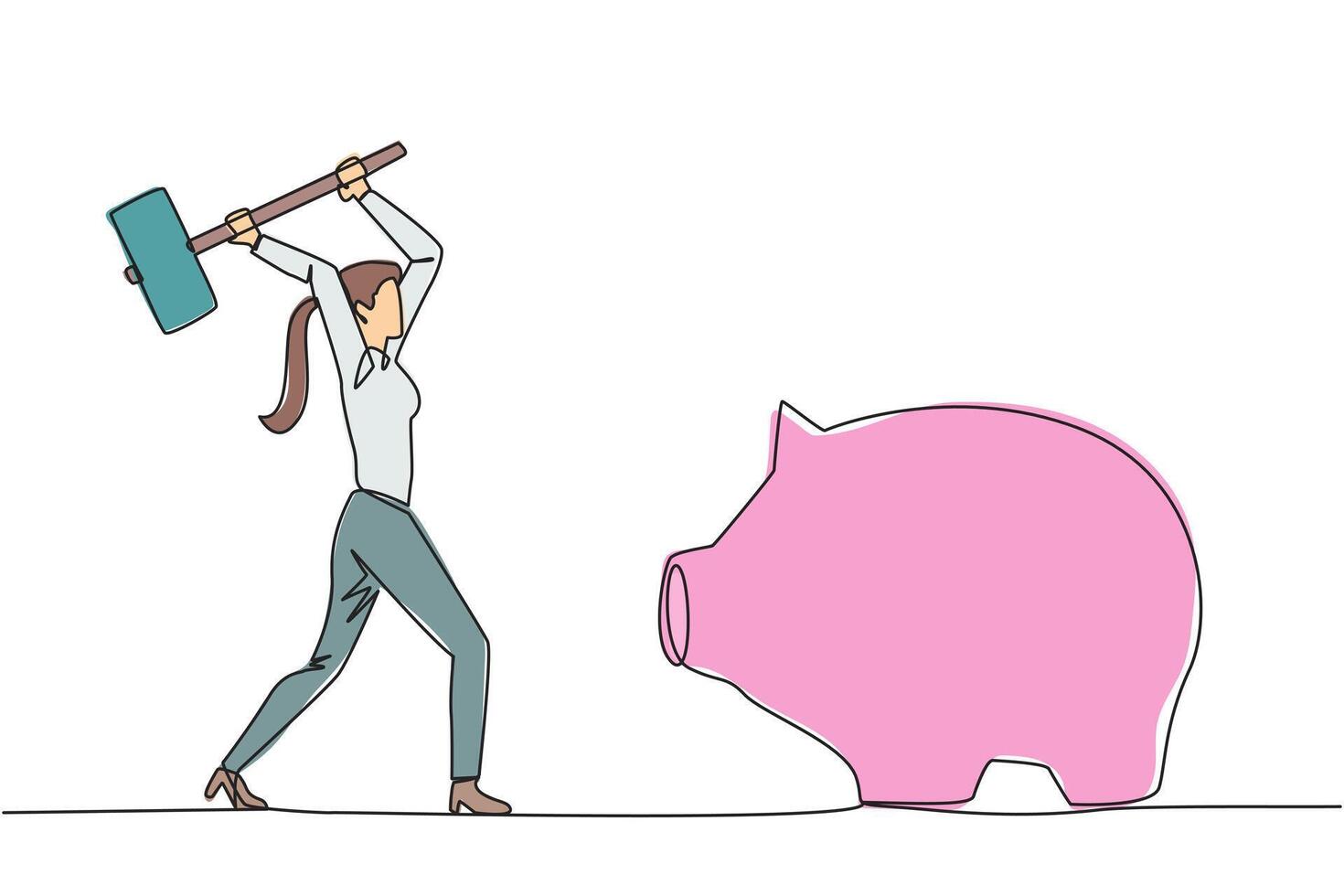 Single one line drawing businesswoman hits big piggy bank with big hammer. Responsible for paying off all bills by taking savings. Struggle for business. Continuous line design graphic illustration vector