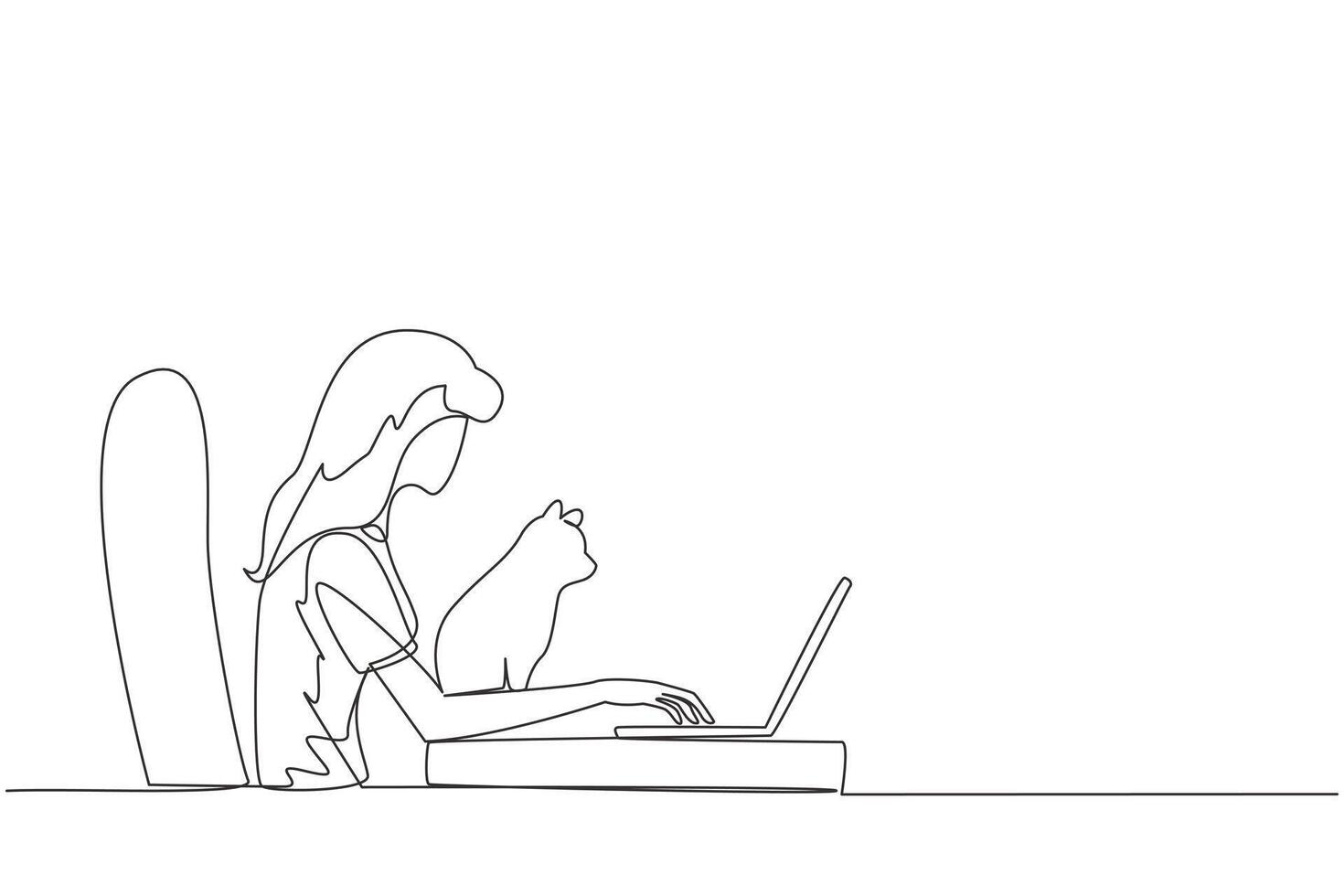 Single continuous line drawing of beautiful woman sitting and hugging a cat while typing on laptop. The cute cat is looking at the laptop screen. Animal lovers. One line design illustration vector