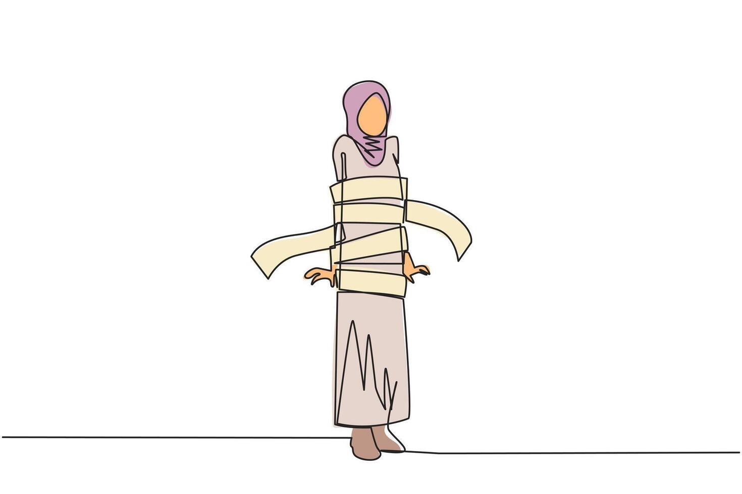 Single one line drawing stressful Arabian businesswoman stood and her body was wrapped by billing paper. Debt-ridden businesses. Bankrupt. Business failure. Continuous line design graphic illustration vector