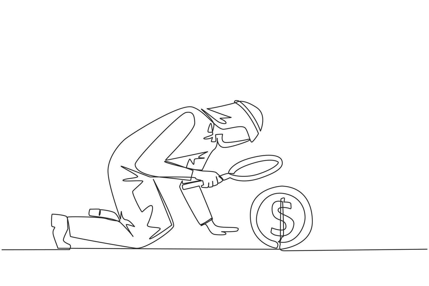 Single continuous line drawing Arabian businessman holding magnifying glass look at a coin dollar symbol. Collecting every coin from profits is valuable. Benefit. One line design illustration vector