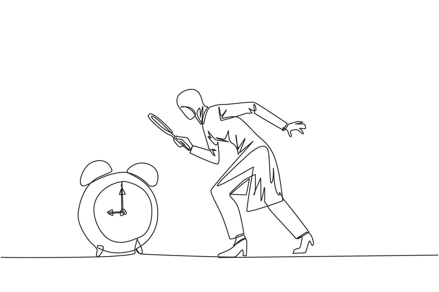 Single continuous line drawing Arabian businesswoman holding magnifying glass looking at alarm clock. Super busy businesswoman, always working overtime. Workaholic. One line design illustration vector