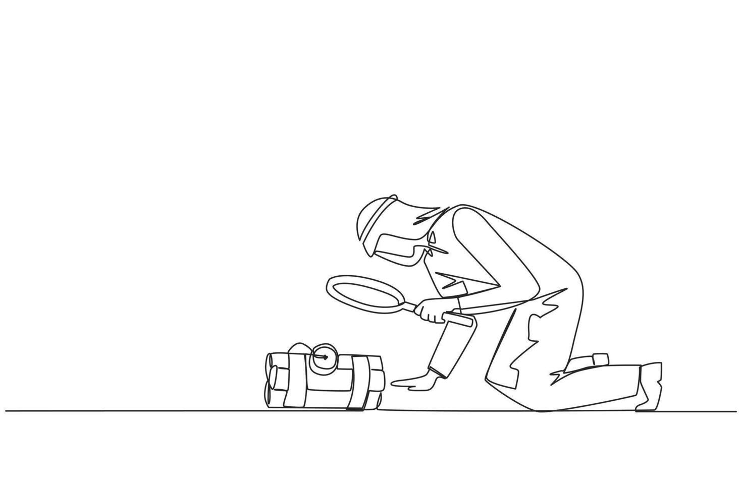 Single one line drawing Arabian businessman holding magnifying glass look at dynamite has a clock. Trying to shut down without exploding. Removing barriers. Continuous line design graphic illustration vector
