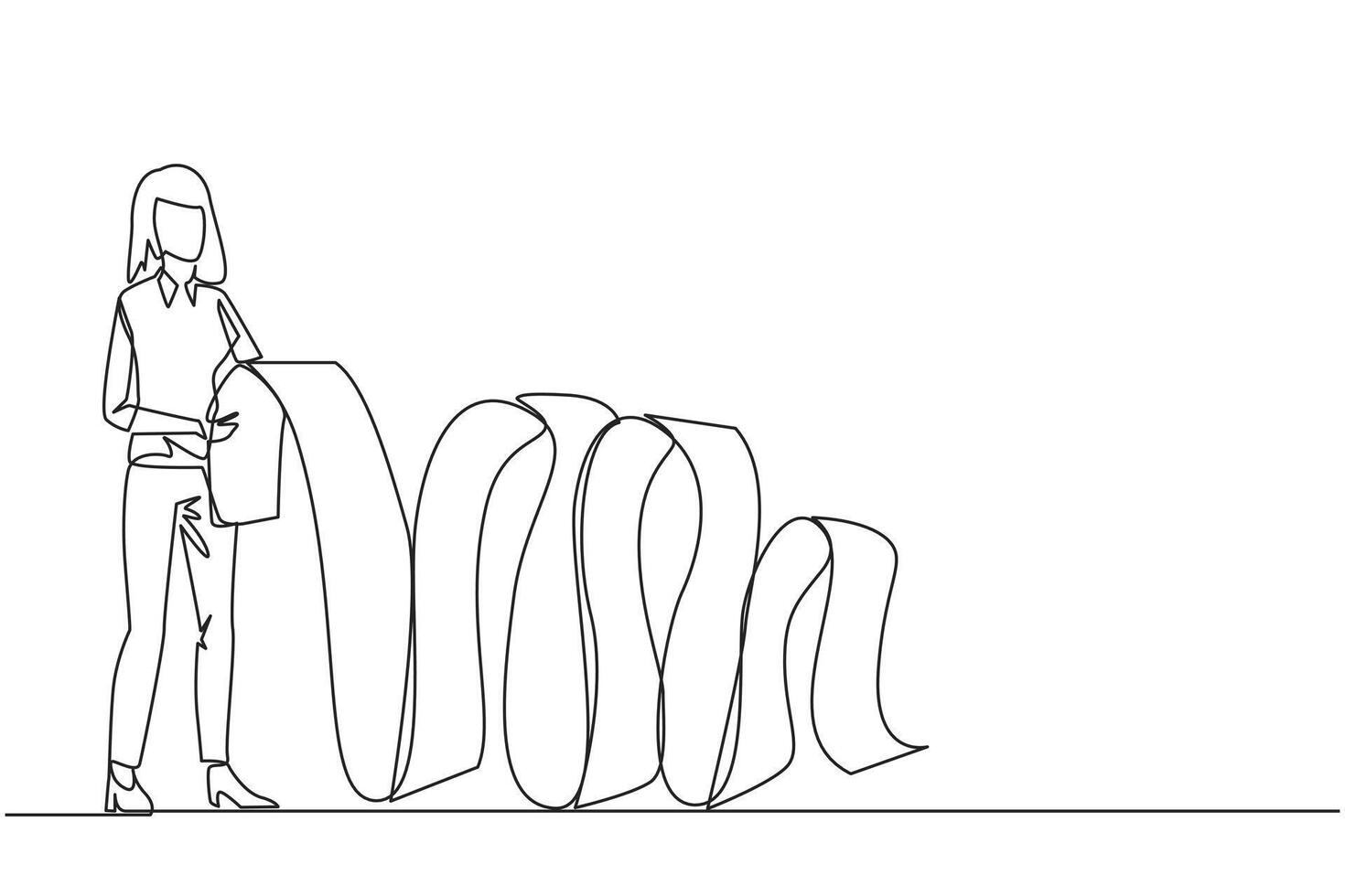 Continuous one line drawing businesswoman held long billing paper with both hands. Worry about spending a lot of money because of large number of bill. Single line draw design illustration vector