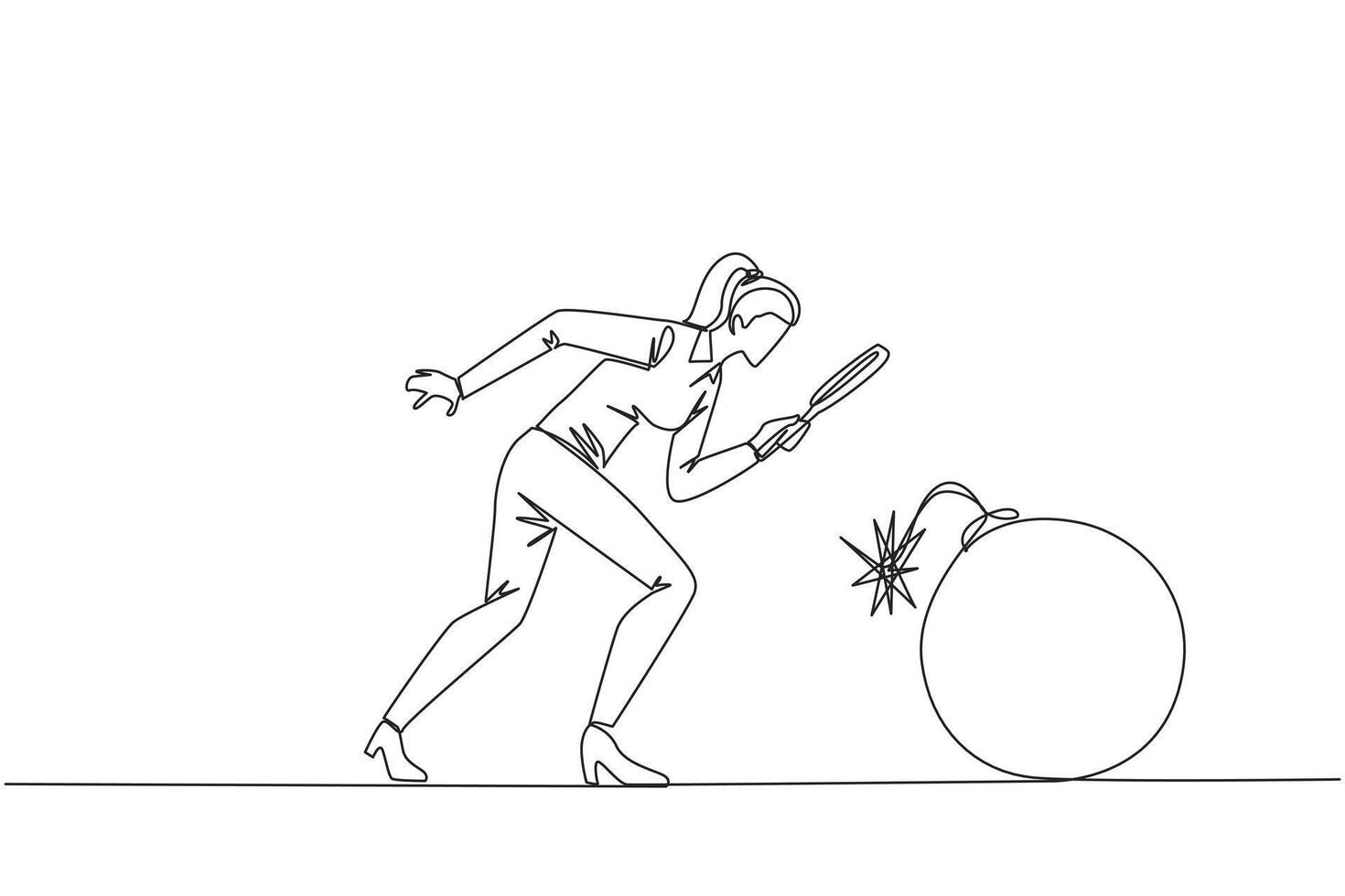 Single continuous line drawing businesswoman holding magnifying glass look at large bomb with a burning fuse. Preventing explosions like preventing business destruction. One line illustration vector