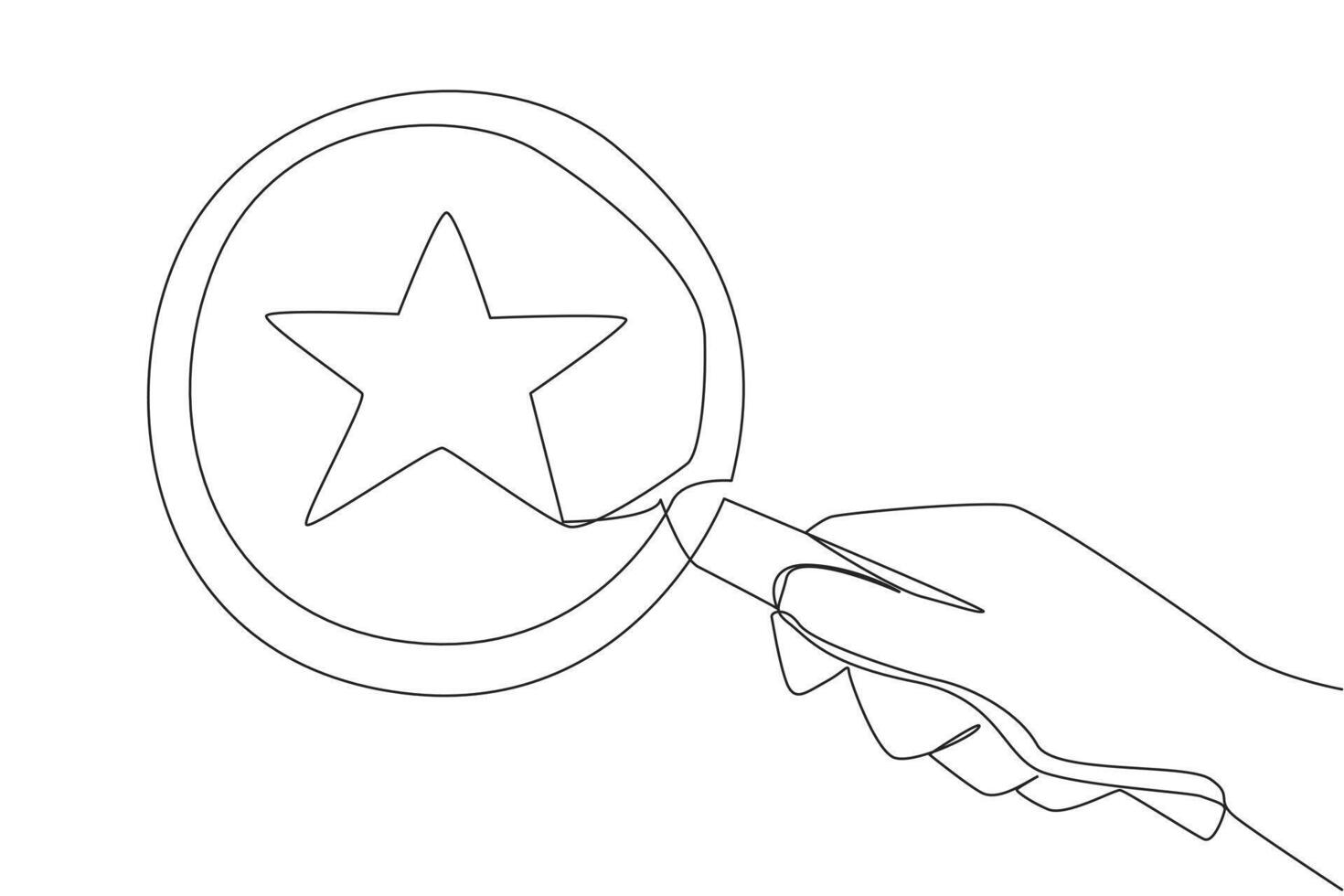 Single one line drawing big hand holding magnifying glass highlights the star. Looking at the stars by zooming in. Achieve dreams as high as the stars. Continuous line design graphic illustration vector