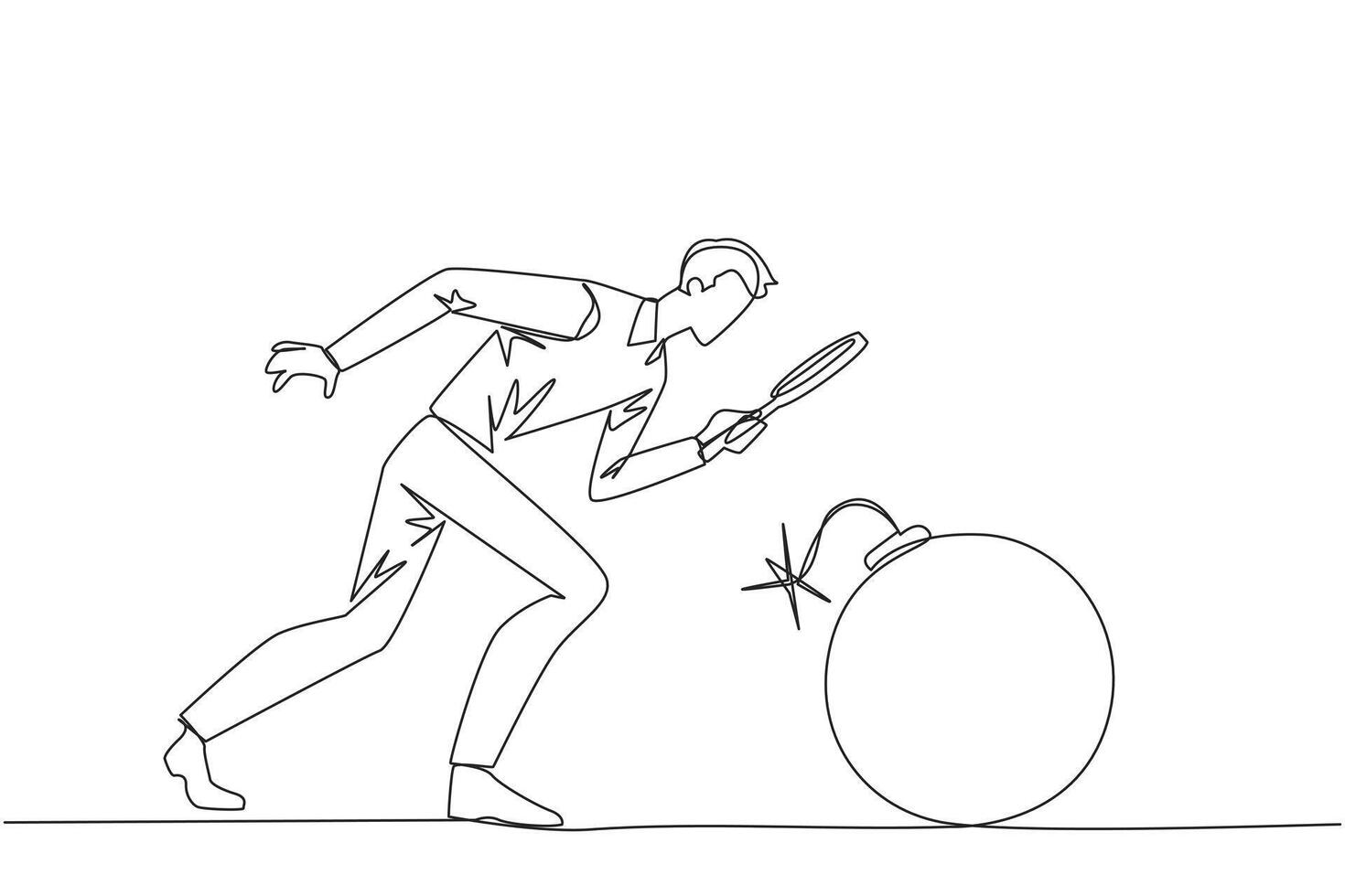 Continuous one line drawing businessman holding magnifying glass highlights large bomb with a burning fuse. Preventing explosions like preventing business destruction. Single line draw design vector