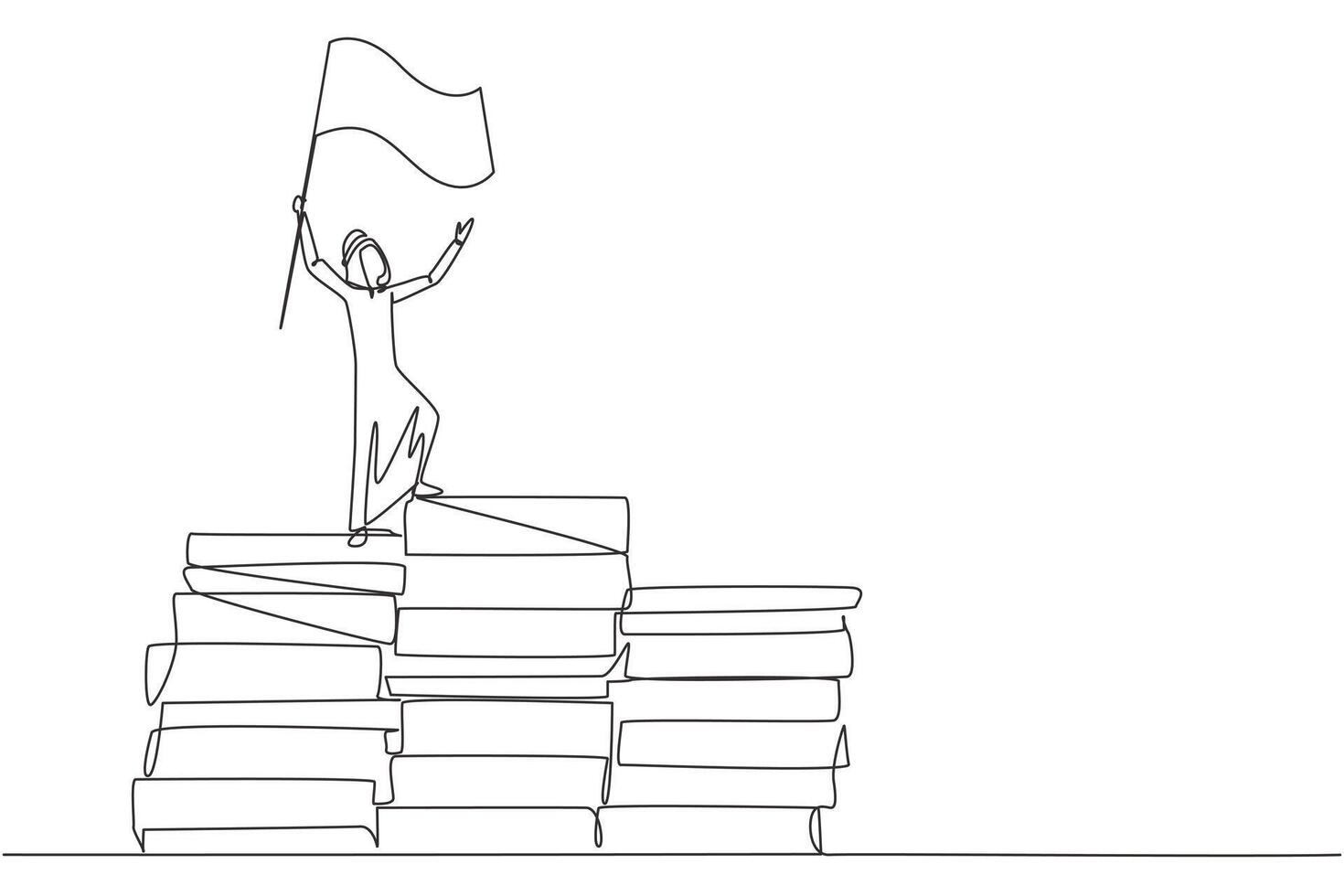 Single one line drawing of Arabian businessman standing on piles of paper document raising flag. Create business plan with lots of data. Winner even though there is a lot of work. Continuous line vector