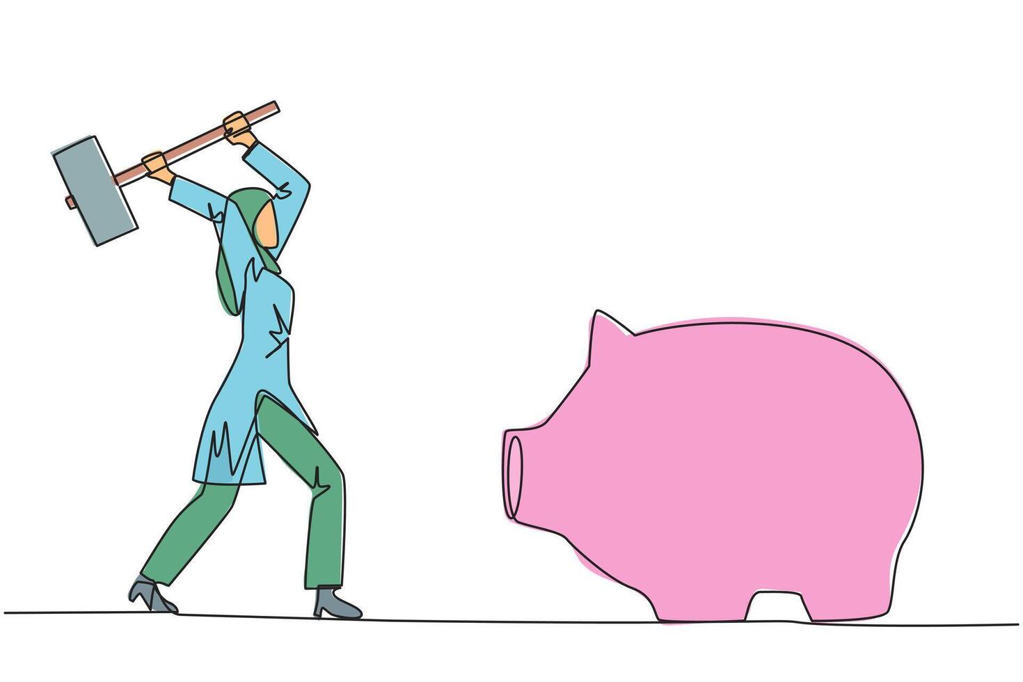 Continuous one line drawing Arabian businesswoman hits big piggy bank with big hammer. Responsible for paying off all bills by taking savings. Struggle for business. Single line draw design vector