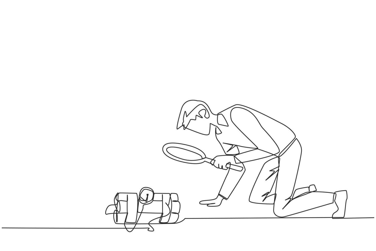 Single one line drawing of businessman holding magnifying glass highlighting dynamite has a clock. Trying to shut down without exploding. Removing barriers. Continuous line design graphic illustration vector