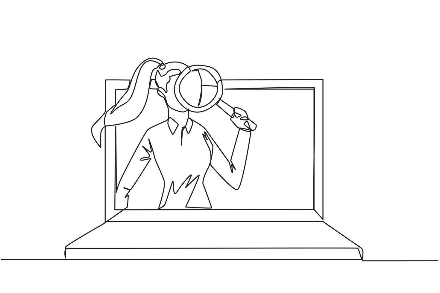 Continuous one line drawing of businesswoman came out of the laptop screen holding the magnifier. Finding online networking to sustain his business. Relationship. Single line draw illustration vector