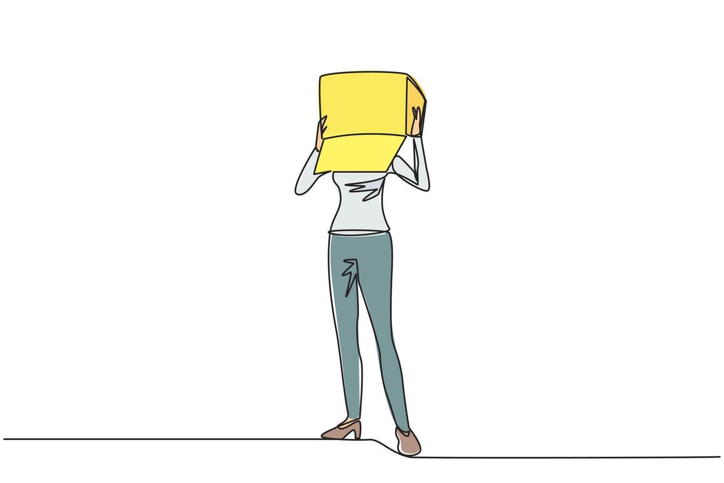 Continuous one line drawing businesswoman stood up and covered head with cardboard box. Businesswoman who are embarrassed because unable to pay several bills. Single line design illustration vector