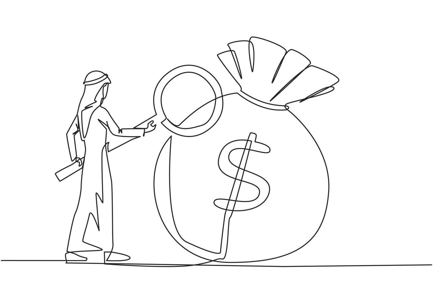 Single continuous line drawing Arab businessman stood checking out giant money bag with magnifier. A person's success depends on the number of money bags collected. One line design illustration vector