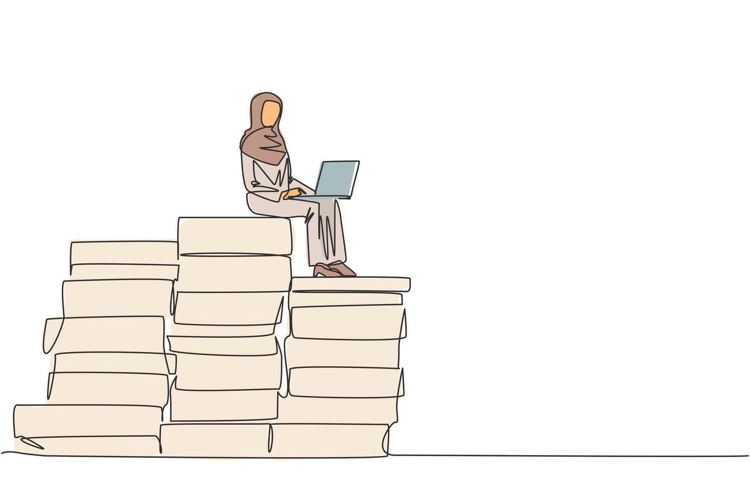 Single one line drawing Arabian businesswoman sitting on giant piles of paper document while working with laptop computer. Create work plan with lots of data. Overwork concept. Continuous line design vector