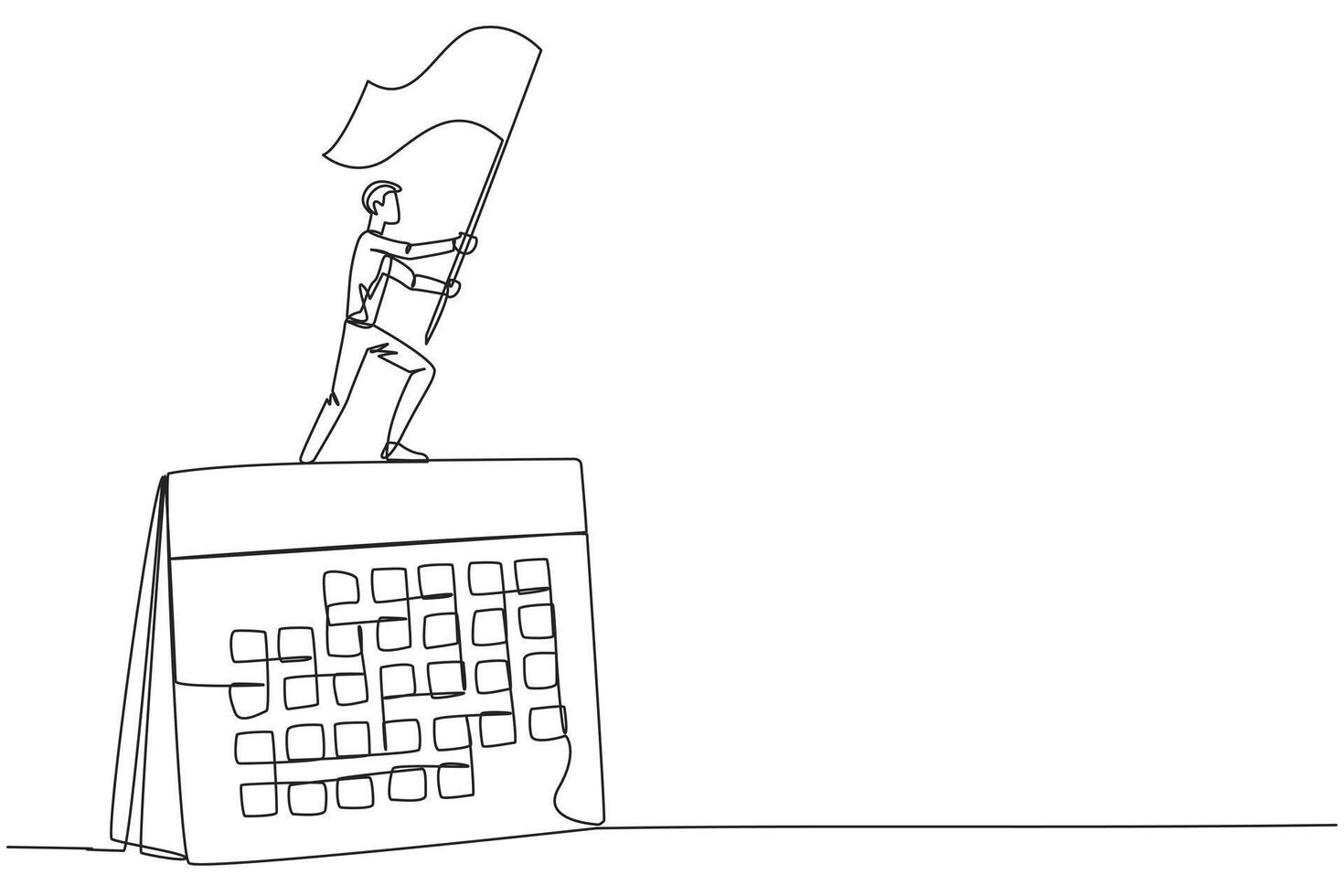 Single one line drawing of businessman standing on giant desk calendar raising flag. Starting small steps in a planned business pattern is key to success in achieving business profits. Continuous line vector