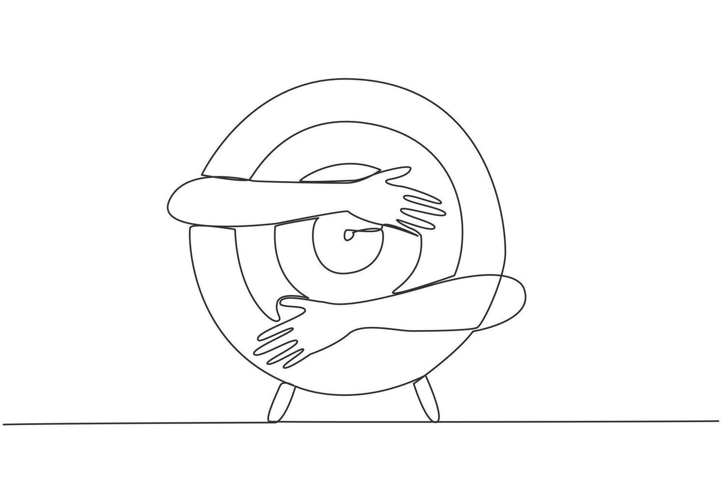 Single one line drawing of hands hugging arrow target. Concentration and focus on business goal. Smart and focused on business targets, success is in arms. Continuous line design graphic illustration vector