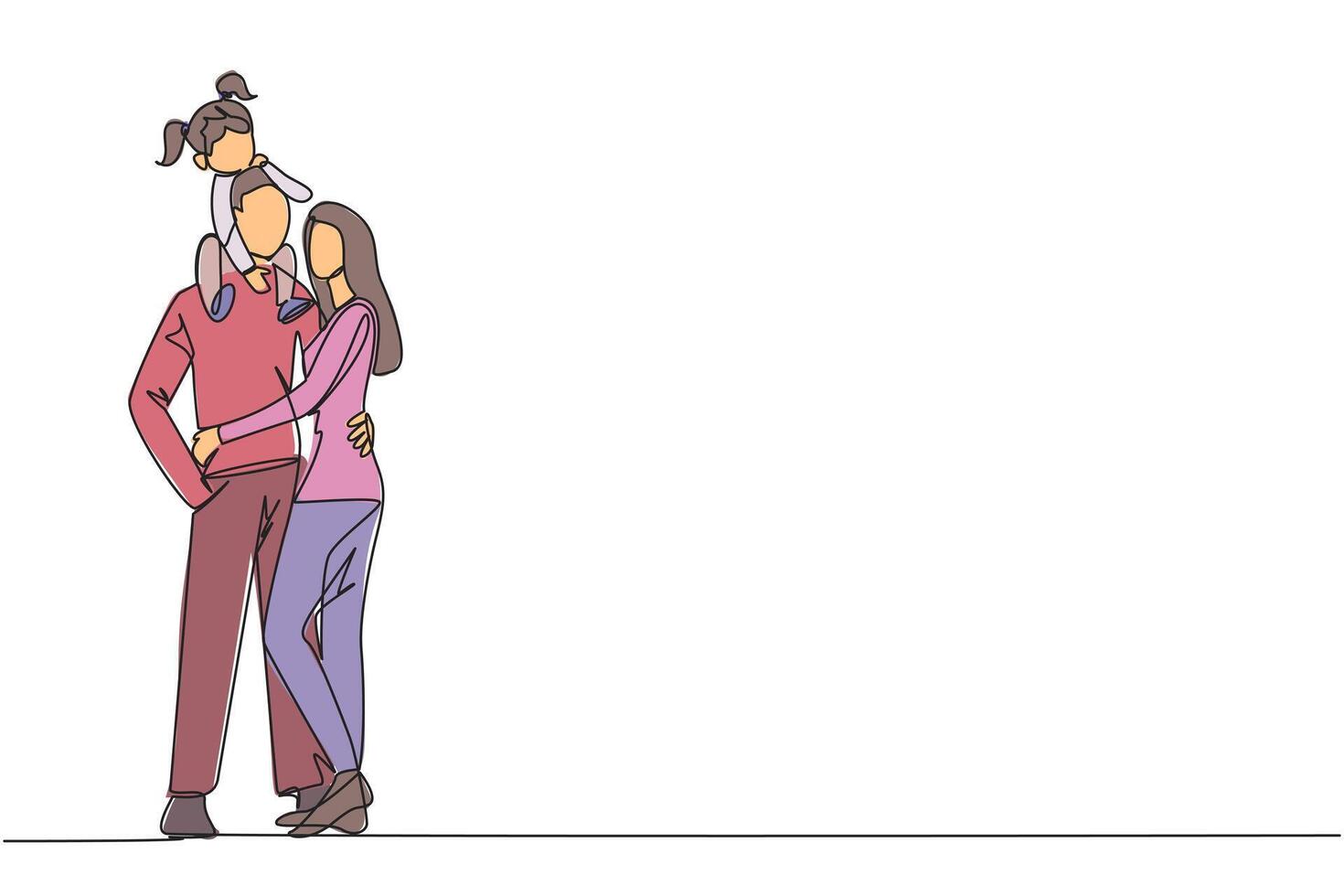Single continuous line drawing of young woman hug her handsome husband who is holding their cute daughter on shoulders hug. Smiling couple with child. Happy family relations. One line design vector